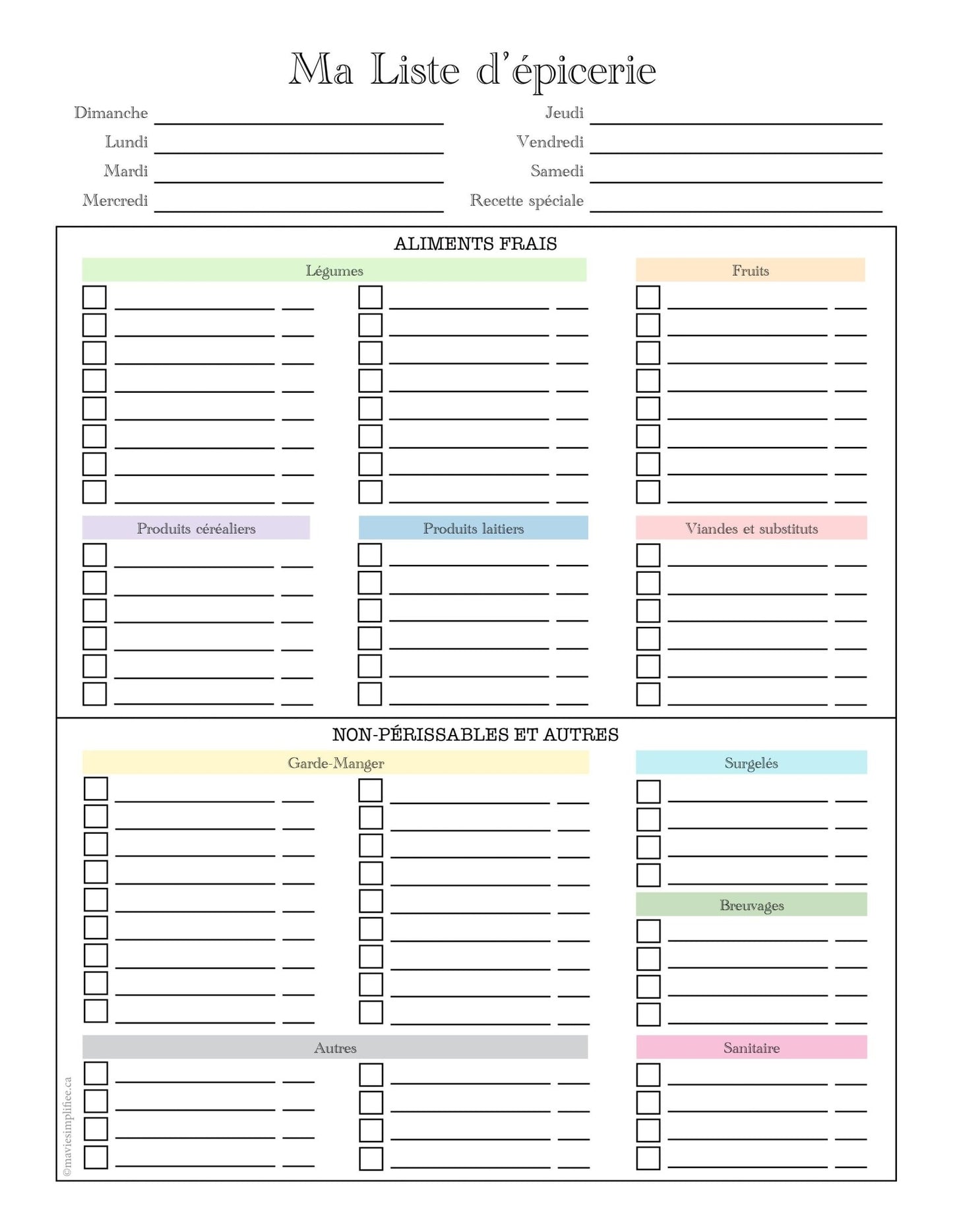 Liste d'épicerie Simplifiée - Ma Vie Simplifiee